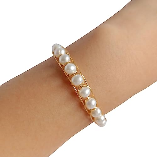 Bracelet jonc acier mémoire perles eau douce et fil plaqué or artisanal