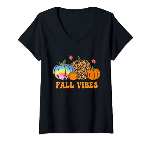 Donna Fall Vibes Tie Dye Zucca Leopardo Ringraziamento Autunno Maglietta con Collo a V