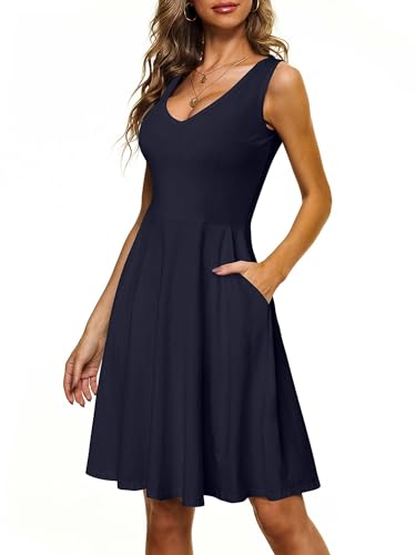 CLOUSPO Damen Sommerkleid Elegantes A Linie Kleid Einfarbig Minikleid Knielang Kleid Damen Ärmellos Tunikakleid mit Taschen für Sommer Strand(Blue,S)