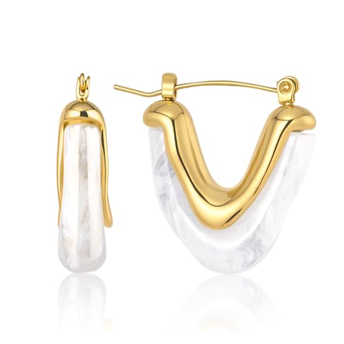 Image of Fullpop Vintage Earrings for Women, Chunky 14K Gold Plated Resin Hoop Earrings Lightweight Hollow Drop Earrings Hypoallergenic Earrings for Women Vintage Anthropologie Jewelry Gifts for Women