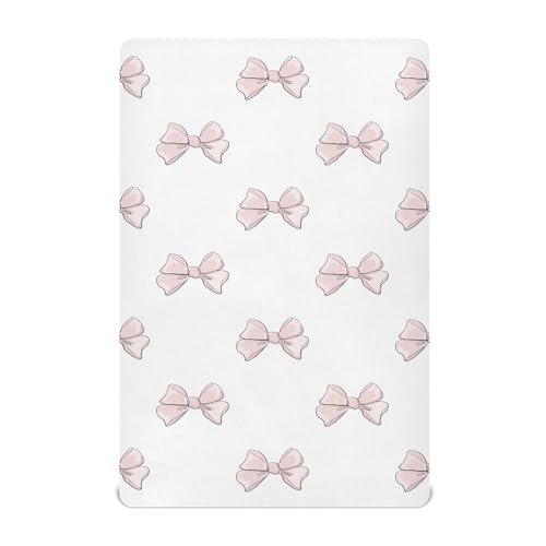 Image of Cute Beautiful Pink Bow Fitted Crib Sheets Stretchy Portable Playard Sheets for Baby Toddler, Breathable Soft Mini Crib Mattress 52 x 28 in for Boys and Girls