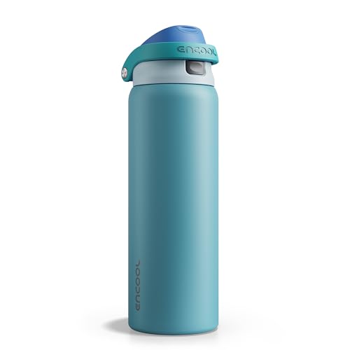 Encool Insulated Stainless Steel Water Bottle with Straw - Leak Proof Sports Water Bottle for School, Travel, Keeps Cold All Day, One-Touch Flip Lid, BPA-Free, 32 oz, Teal Blue