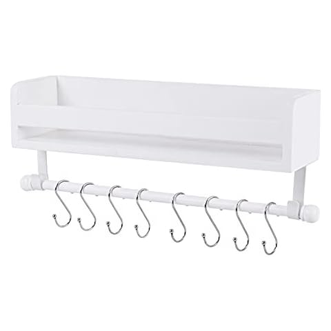 Satauko Wooden Floating Shelves with 8 Hooks for Kitchen Spice Rack, Wall Mounted Shelf with Towel Bar for Bathroom Organizer, Wall Hanging Book Shelves for Nursery Storage.(White) Cover