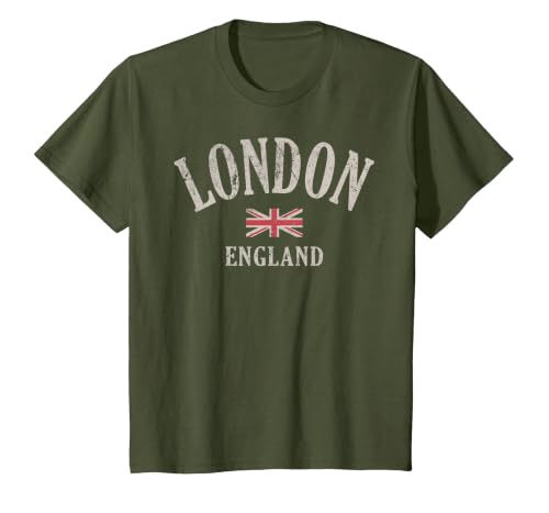Distressed London England UK Flag T-Shirt, Youth, Olive Green, X-Small