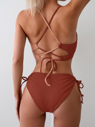 Image of B2prity Tie Bikini Top Set Sexy Push Up 2 Piece Swimsuit Color Block Bathing Suit Full Coverage Swimwear for Curvy Women