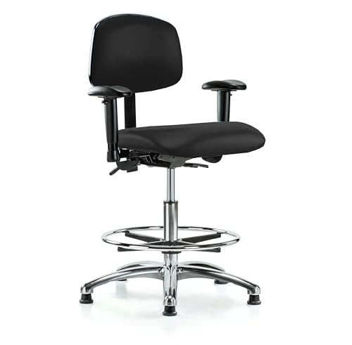 Image of Perch Chrome Stationary Multi-Task Office Chair with Adjustable Armrests and Foot Ring | Medium Bench Height 20-27 inch | Black Fabric