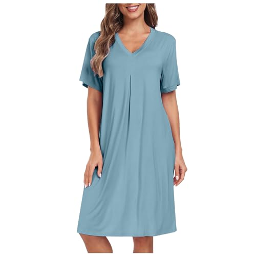 Generisch 2026 - Camisón de Pijama Mujer Manga Corta/Larga, Ropa de Dormir Abotonada, Top, Camisón Boyfriend, Camisón con Botones, azul claro, L