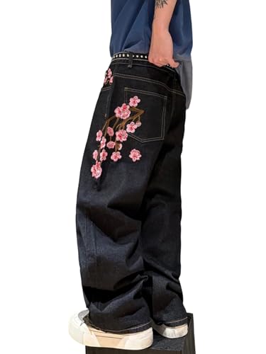 Zewool Baggy Stickerei Jeans für Männer Hip Hop Pflaumenblüten Weite Beinform Denim-Hosen Y2K Skater Streetwear 2000er Jinco Extra Übergroße Relaxed Extreme Skateboard B35 Schwarz S
