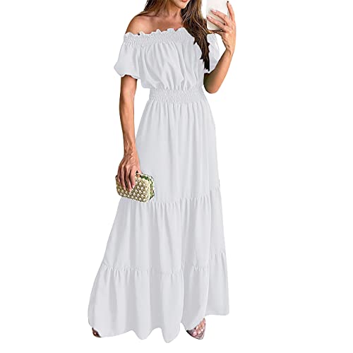 strandkleider damen sommer kostüm damen elegant kleider lang Schulterfrei RüSchen Einfarbig Kurzarm Bodenlang Kleid Sexy Hohe Taille Lang Kleid...