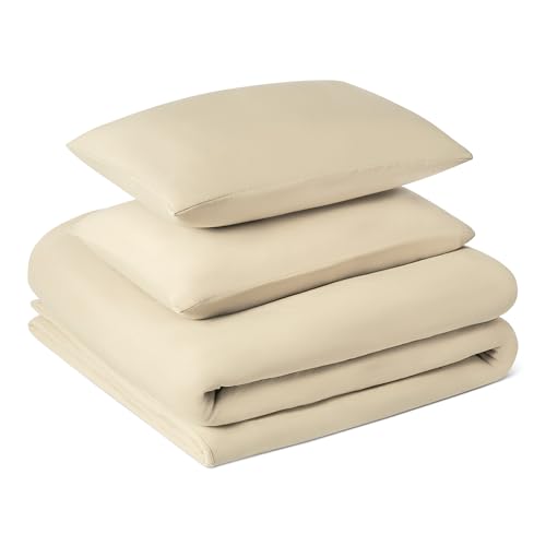 Amazon Basics Set Copripiumino Matrimoniale in Microfibra Spazzolata, Extra Morbido con Trama Naturale, 3 Pezzi, copripiumino da 240 x 220 cm e 2 federe da 50 x 80 cm, Beige