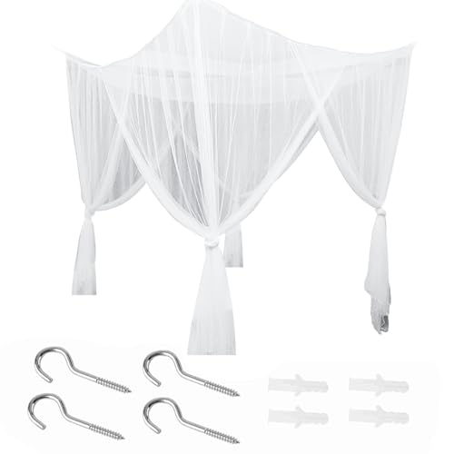 Mosquiteras cama cielo para cama doble, 74,8×82,7×94,5'Cuatro Persianas de esquina Sábana bajera de poliéster para camas completas, camas king size(blanco)