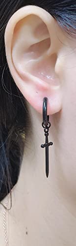 Minimalist Dagger Sword Dangle Drop Small Hoop Earrings for Men Women Boys 316L Stainless Steel Charms Huggie Hoops Cartilage Helix Hypoallergenic Fashion Personalized Punk Hip Hop Vintage Dangling Gifts Boyfriend Birthday Bff 12mm2