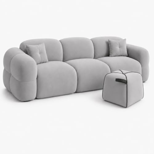 Image of FURNY Luxury Nimbus 3 Seater + Suri Pouf Sofa Set for Living Room | Boston Fabric Upholstered | Modern Cushioned Comfortable Couch for Home Office & Drawing Room | Light Grey