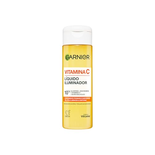 Garnier SkinActive Vitamina C Líquido Iluminador con 10% de Glicerina + [Niacinamida + Vitamina C + Ácido Salicílico]. Hidrata, reduce las manchas oscuras y corrige el tono irregular. 120 ml