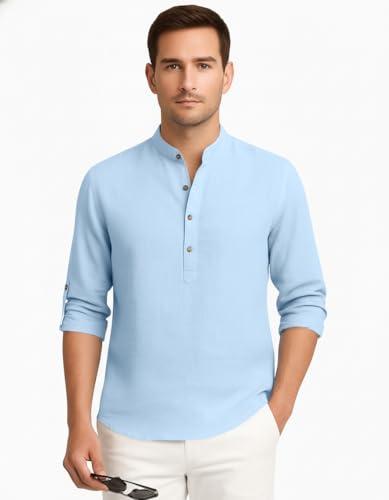 Image of Zombom Men's Cotton Blend Kurta Shirt with Full Sleeves Mandarin Collar Neck Solid Pattern for Men Regular Fit Ethnic Wear Casual Festive Top Modern Style | Cotton Shirt for Mens