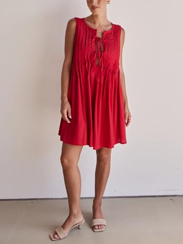 Image of Womens Tie Front Mini Dress Summer Vacation Bow Sleeveless Pleated Casual Loose Babydoll Cover Ups Dresses