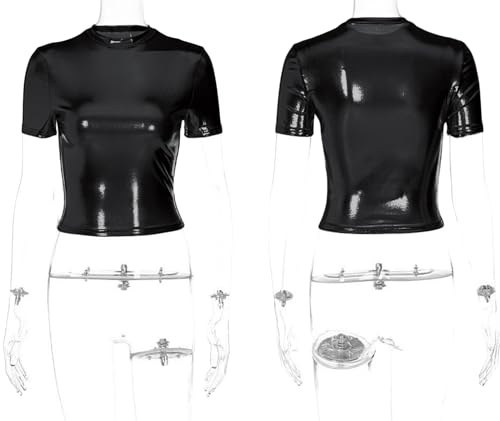 Image of Women's Shiny Metallic Short Sleeve T Shirt Sexy Mock Neck Slim Crop Top Party Disco Club Tees