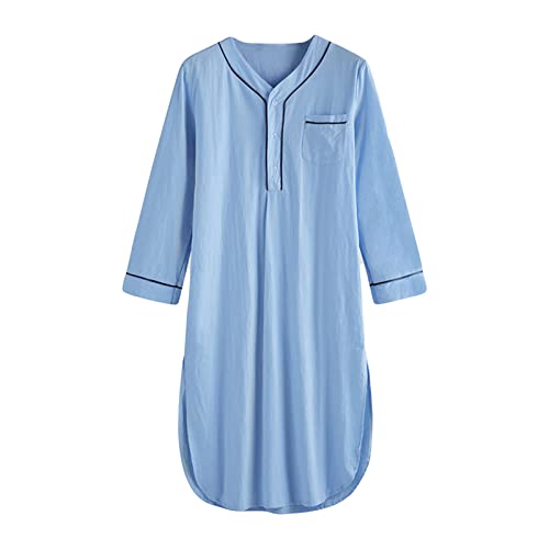 Men's Cotton Nightshirt V Neck Long Sleeve Button Down Nightgown Summer Mid-Length Henley Sleepwear Sleepshirt