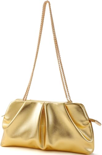 Image of Women Clutch Bag Dressy Formal Handbag Pleated PU Clutch Purse Detachable Chain