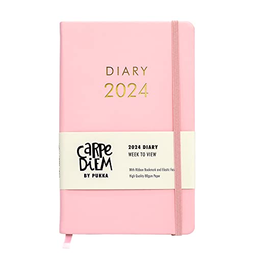 Pukka Pad, Carpe Diem 2024 Soft Cover Diary, 80GSM Paper with Monthly Calendar and Weekly Views, Includes Notes, Goals, To-Do and Wish Lists - Ribbon Bookmark, and Elasticated Closure – Pink