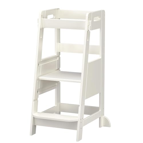 Image of TOETOL Bamboo Toddler Learning Step Stool 3 Height Adjustable Kitchen Counter Standing and Bathroom Sink Tower Helper Stool for Kids with Anti-Slip Protection(Ivory White)