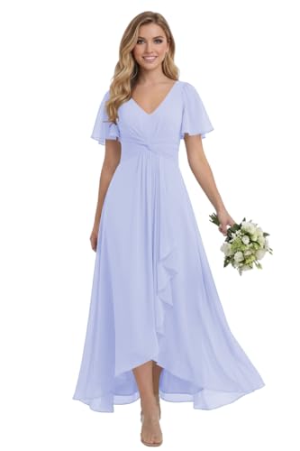 SEPT PRETTY Women's Lavender Chiffon A Line Bridesmaid Dress Short Sleeve High Low Formal Evening Gown for Wedding Guest Size 0