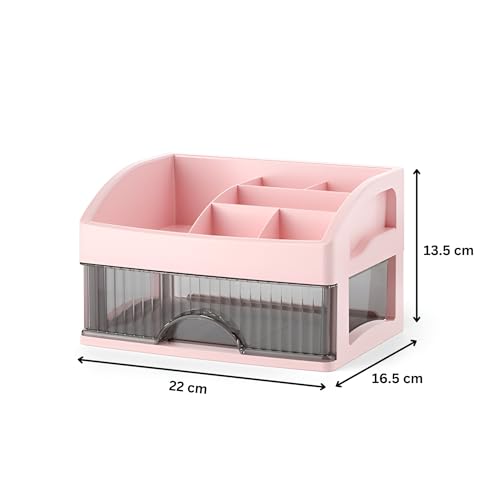 Image of HoopVool Desk Makeup Organizer, Pink, 1-Layer, Plastic Storage Box with Sliding Drawer, Stylish Display Case for Cosmetics, Lotion, Nail Polish, Brushes, and Jewelry