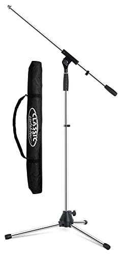 Pronomic Pied Microphone MS-25C Pro Set Sac - Perche Réglable En Longueur Et Inclinaison - Pinces Et Vis Robustes - 2 Clips Câbles Et Filetage Réducteur - Pack Économique Avec Sac Adapté - Chrome