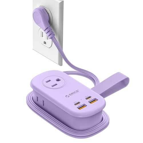 ORICO 65W GaN Travel Power Strip with 7-in-1 Charging Ports (3 AC Outlets/2 USB-A/2 USB-C), Flat Plug and 4FT Extension Cord, Fast Charger for MacBook Pro/Air, iPad Pro, iPhone 17/16/15- AP3