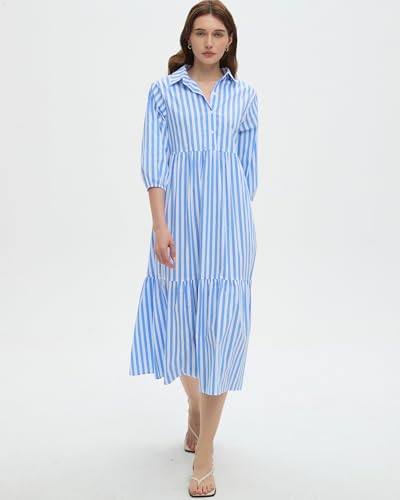 Image of EZAPINE Womens Babydoll Striped Shirt Midi Dress Puff Long Sleeve Collared Button Tunic Flowy Swing Dresses