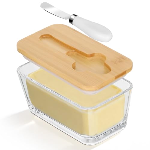 Romon Mantequillera, Recipiente De Vidrio Sin Plomo Con Tapa De Bambú Y Cuchillo, Apto Para Queso Y Fruta, Lavable En Lavavajillas