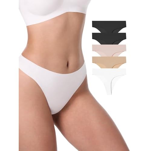 LUCKMEEY Seamless Thongs for Women No Show Thong Panties for Women No Line G-String Thongs Sexy Shapewear Underwear Pack Small 5p-creme
