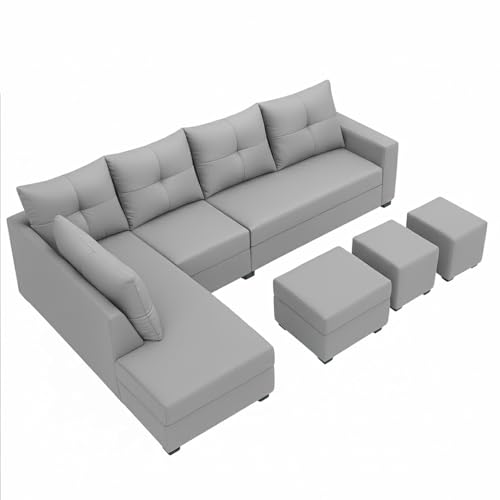 Image of SOCOZI Oriana 8 Seater LHS L Shape Sofa Set | Velvet Suede Fabric L Shape Sofa for Livingroom with 2 Ottoman & Centre Table (Light Grey)