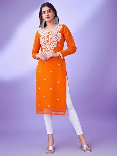 Image of HESVI Women's Georgette White Lakhnavi Chikankari Kurti with Intricate Embroidery Work