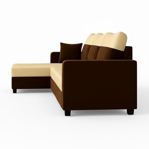 Image of Furny Arevva 6 Seater Fabric LHS L Shape Sofa Set (Cream-Dark Brown) | Soft Velvet Fabric | Modern Design | Comfortable Seating | Living Room Furniture