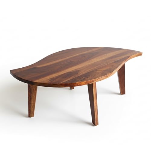 Image of Sheesham Wood Coffee Table for Living Room | Organic Shape Center Unit with Curved Edge Top | Japandi Mid Century Modern Wooden Tea Furniture with Tapered Legs |Contemporary Cocktail Piece| Teak Brown