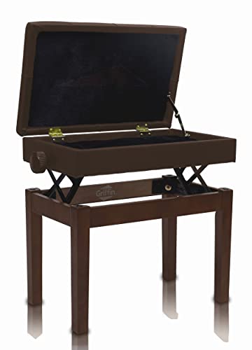 Griffin Adjustable Piano Brown Pu Leather Bench Vintage Stylish Design, Heavy-Duty & Ergonomic Keyboard Stool | Comfortable Seat & Convenient Hidden Storage Space Perfect For Home & Professional #TOP5