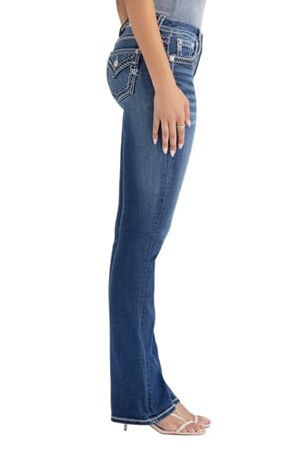 Miss Me Women's Silver Stitch Classic Mid Rise Bootcut Jeans with Faux Flap Pockets3