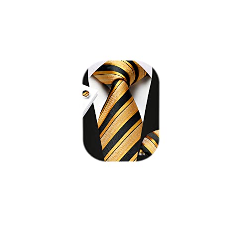 Image of Enlision Mens Ties Stripe Tie and Pocket Square Set Classic Formal Woven Neckties Handkerchief Cufflinks Wedding