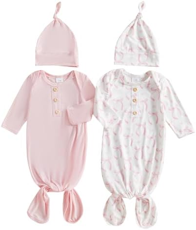 woshilaocai 2 Pack Baby Boy Girl Gown Sleeper Newborn Knotted Nightgown and Hat Set Infant Sleepwear