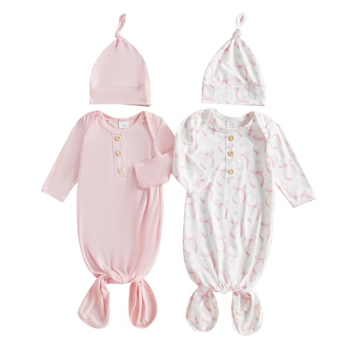 Image of woshilaocai 2 Pack Baby Boy Girl Gown Sleeper Newborn Knotted Nightgown and Hat Set Infant Sleepwear