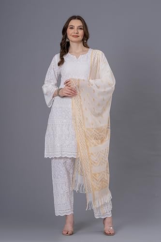 LONIX Women's White Chikankari Kurta Set – Hand Embroidered Cotton Kurti Pant & Dupatta – Traditional Indian Tunic Dress2