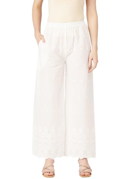 Image of feranoid White Chicken Embroidred Cotton Regular Fit Palazzo