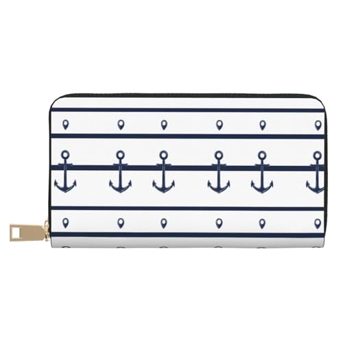 Leather Thin Slim Wallets for Women & Men - Anchor White Blue Print Card Wallet Holder with Zipper