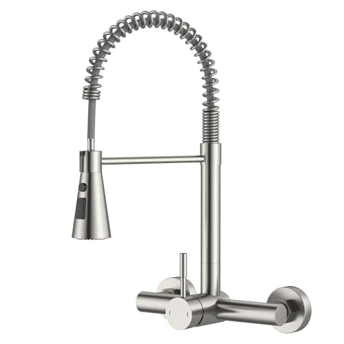 DAYONE Robinet de cuisine mural avec douchette rétractable, mitigeur en acier inoxydable haute pression avec 3 types de jet, robinet pivotant à 360° pour...