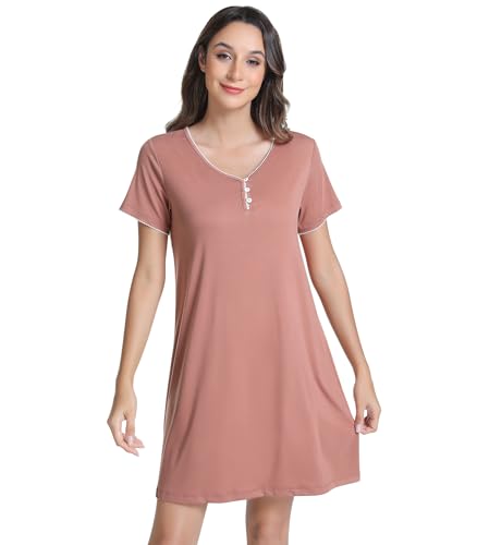Image of NACHILA Women's Nightgowns-Viscose Made from Bamboo, Soft Sleepwear V Neck Sleepshirt Short Sleeve Loungewear Cool Sleepdress