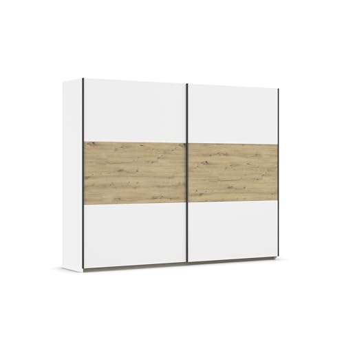 Rauch Möbel Neo, Schwebetürenschrank, Kleiderschrank, Kleiderschränke, Garderobe, Schrank mit Stauraum, 2-türig, Farbe Weiß-Eiche Artisan, Holz, 261x210x59cm