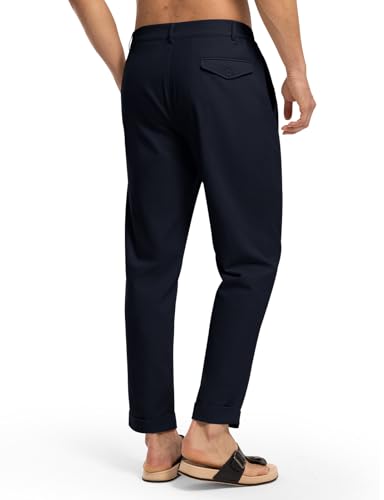 Rdruko Men's Lightweight Casual Pants Slim Fit Cotton Linen Pants Elastic Waist Summer Beach Pants with Pockets, Navy Blue, L2