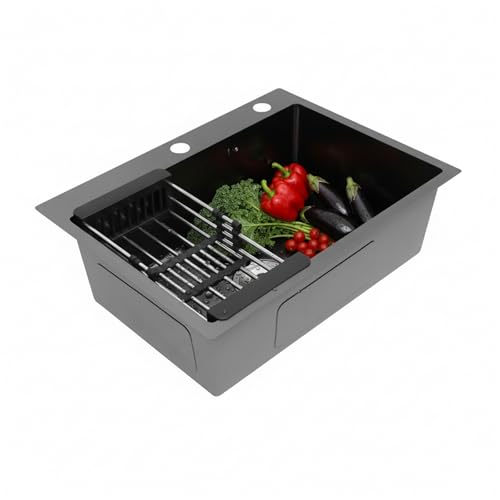 BRRIDE Fregadero de cocina de 60 x 45 cm, color negro, acero inoxidable, rectangular, empotrable, moderno, incluye escurridor, 1 lavabo para armario bajo de 60 cm (negro)