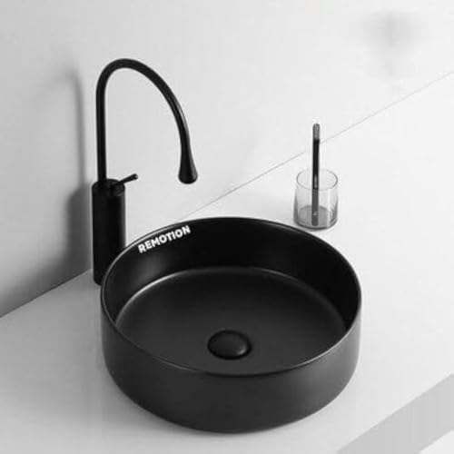 Image of REMOTION Round Countertop Wash Basin For Bathroom | Tabletop Ceramic Bathroom Sink | Wash Basin Over Counter | Wash Basin For Living Room, Resturent (12.5 x 12.5 x 5 Inch) (Matte Black)